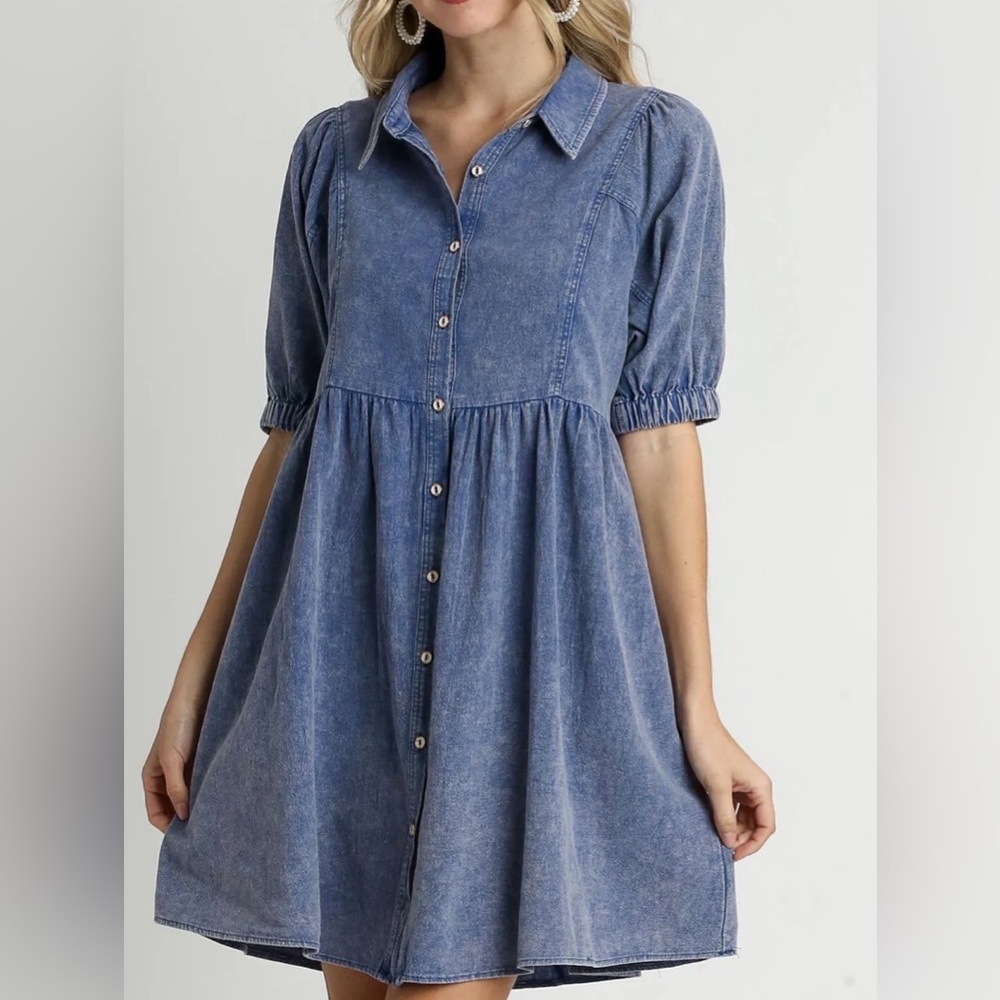 Umgee Mineral Wash Blue Denim Ruffle Puffed Sleeve Babydoll Dress - S